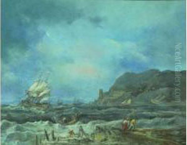 Navire Sur Mer Agitee Pres D'une Cote Rocheuse Oil Painting by Noel, Alexandre Jean
