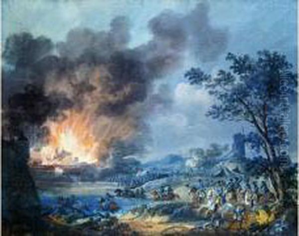 Scene De Cavalerie Avec L'incendie D'une Ville Assiegee Oil Painting by Noel, Alexandre Jean