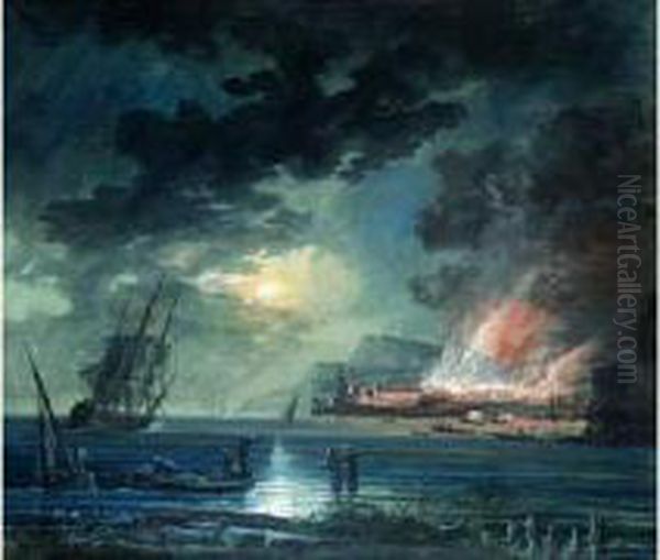 Scene D'incendie Dans Un Port Mediterraneen Oil Painting by Noel, Alexandre Jean