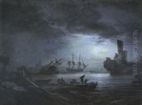 Sudlicher Seehafen Bei Vollmondbeleuchtung Oil Painting by Noel, Alexandre Jean