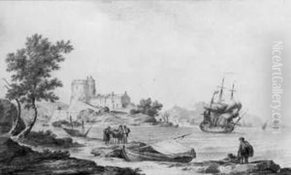 Trois Dessins : Un Paysage Fluvial Et Deux Marines Oil Painting by Noel, Alexandre Jean