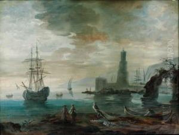 A Figure On The Shore Hauling In Nets With A Fishing Vessel Beyond Oil Painting by Noel, Alexandre Jean