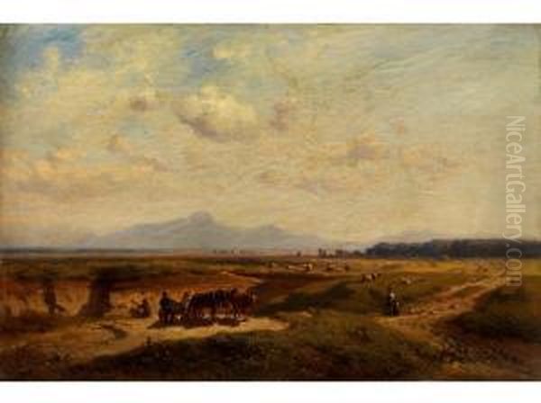 Weite Sommerlandschaft Mit Alpen-gebirgszug In Diesigem Licht Oil Painting by Julius Noerr
