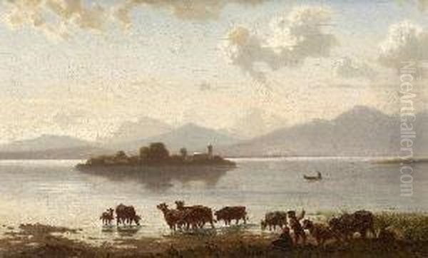 Hirten Mit Vieh Am Ufer Des
 Chiemsees. Oil Painting by Julius Noerr