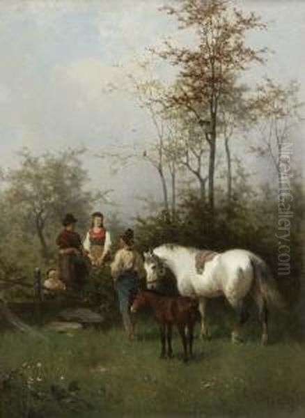 Begegnung Auf Der Pferdekoppel Zur
 Maienzeit: Oil Painting by Julius Noerr