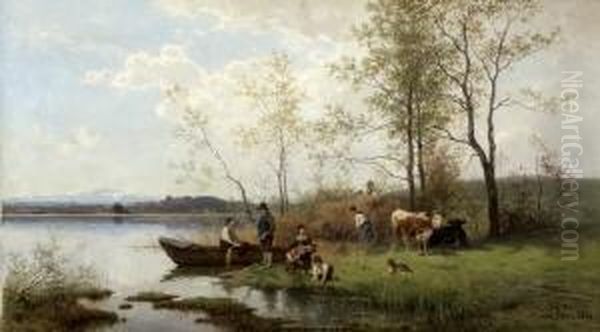 Heuernte Am Ufer Eines
 Vorgebirgssees. Oil Painting by Julius Noerr