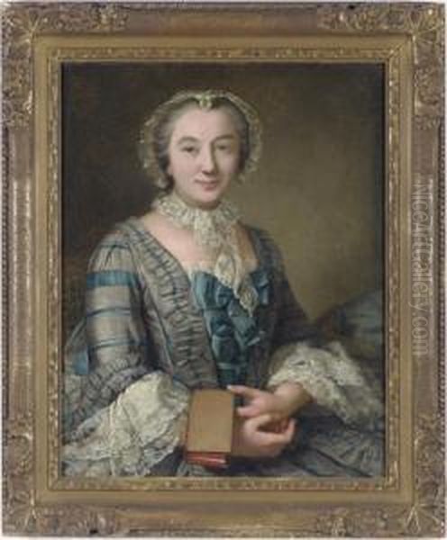 Portrait Of A Lady, Seated 
Three-quarter-length, In A Grey And Blue Dress And A Lace Bonnet, 
Holding A Book Oil Painting by Donatien Nonnotte