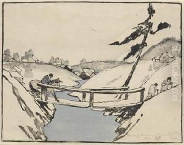 Three Travelers Crossing A Bridge In The Snow Oil Painting by Bror Julius Olsson Nordfeldt