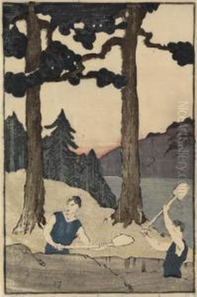 Two Men Digging In The Woods Oil Painting by Bror Julius Olsson Nordfeldt