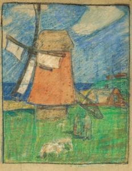 Dutch Windmill Oil Painting by Bror Julius Olsson Nordfeldt