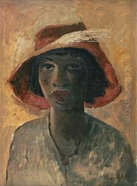 Portrait Of A Woman Wearing A Floppy Hat Oil Painting by Bror Julius Olsson Nordfeldt