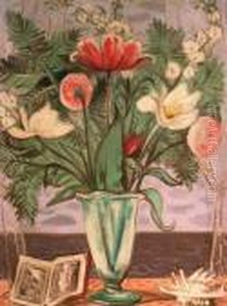 Floral Still Life By The Sea Oil Painting by Bror Julius Olsson Nordfeldt