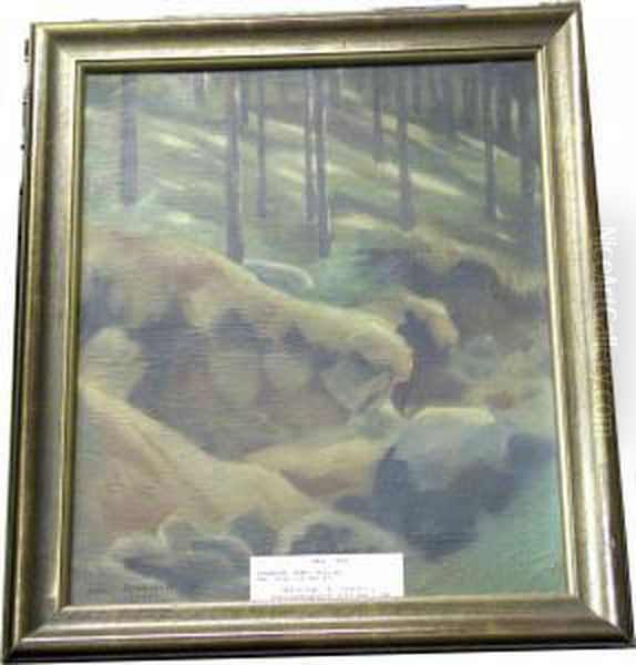 Skogsparti Med Mossbelupna Stenar. Oil Painting by Hans Norsbo