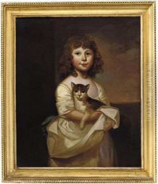 Portrait Of A Young Girl, 
Standing Three-quarter-length, In A Whitegown, Holding A Cat, A 
Landscape Beyond Oil Painting by James Northcote