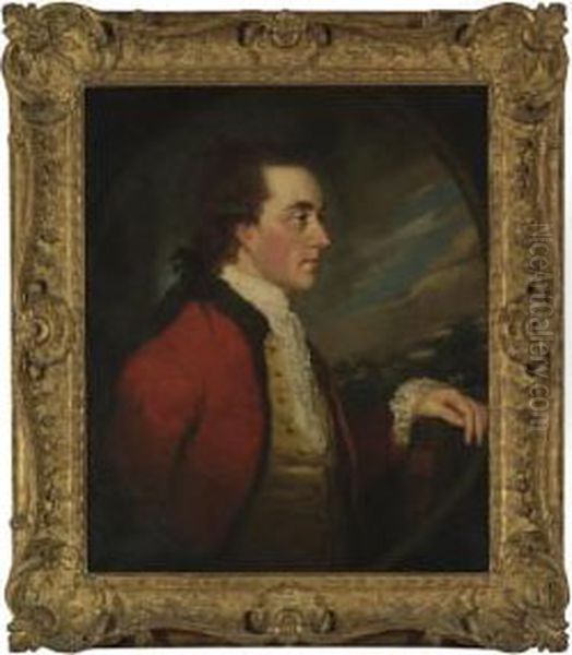 Portrait Of Admiral Charles 
Hamilton, Half-length, In A Red Coat With Fur Trim, Holding A Book By 
Milton, A Landscape Beyond, In A Feigned Oval Oil Painting by James Northcote