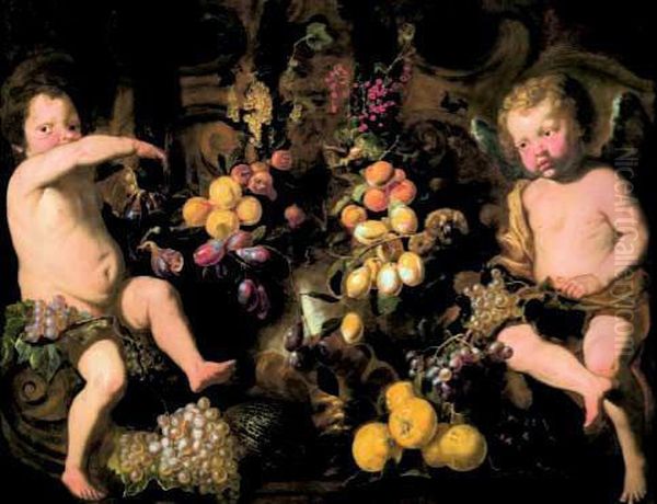 Natura Morta Di Uva, Castagne, Albicocche Con Putti E Tralci Fogliacei Con Fiori Oil Painting by Pietro Novelli