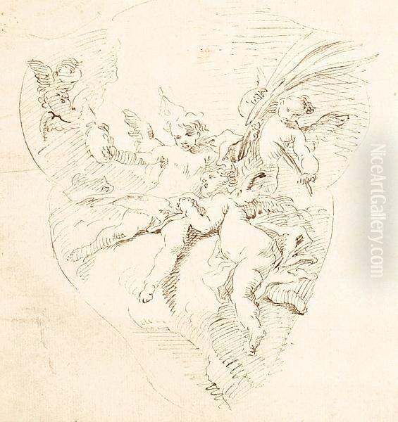 Three Putti Supported By Clouds Oil Painting by Pietro Novelli