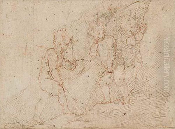 Two Boys Urinating With Third Watching Oil Painting by Pietro Novelli