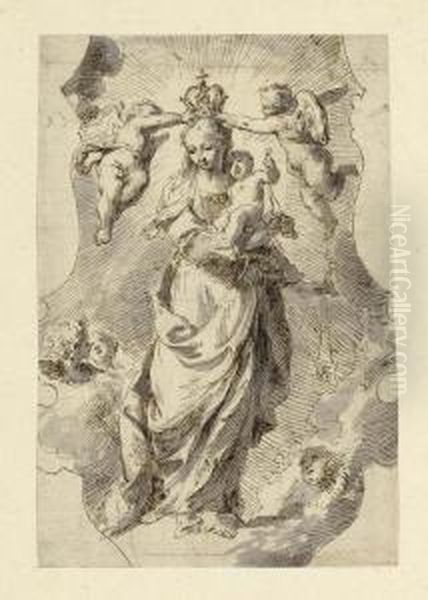 Mary As Queen Of Heaven Crowned 
By Putti. Brown Pen And Brush In Grey. Verso Old Inscription In Brown 
Pen: Novelli. Oil Painting by Pietro Antonio Novelli