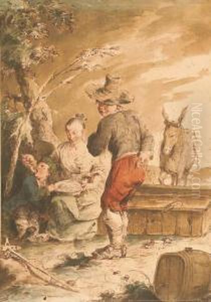 Une Femme Nourrissant Un Enfant Avec Un Homme, Un Ane Au Fond Dansun Paysage Oil Painting by Pietro Antonio Novelli