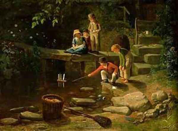 Boy Sailing a Little Boat Oil Painting by Francis Danby