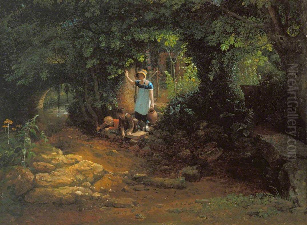 Children by a Brook Oil Painting by Francis Danby