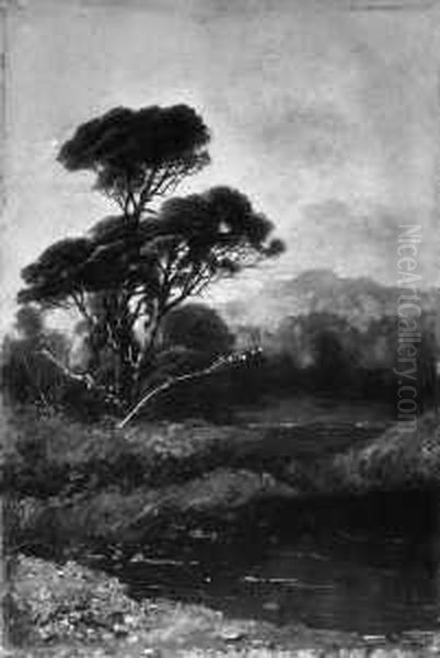 Landschaft Mit Einem Weiher. Im 
Hintergrund Berge. Signiert Unten Links: A. Nozal. Ol Auf Leinwand. H 
39,3; B 26 Cm. Oil Painting by Alexandre Nozal