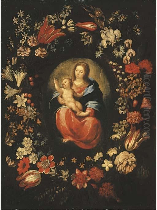 A Garland Of Tulips, Lilies, 
Carnations And Other Flowers Surrounding A Medallion Of The Virgin And 
Child Oil Painting by Carlo Francesco Nuvolone