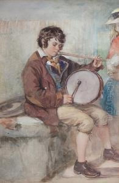 Boy Playing A Flute And A Drum Oil Painting by Octavius Oakley