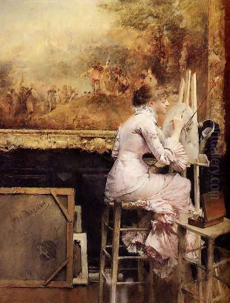 Young Watercolourist In The Louvre Oil Painting by Pascal-Adolphe-Jean Dagnan-Bouveret