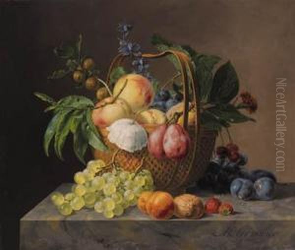 Grapes, Apples, Cherries, A 
Quince, Gooseberries, Plums, A Poppyand Other Flowers In A Basket, And A
 Walnut, Strawberries, Amarigold, Plums, Apricots And Grapes On A Marble
 Ledge Oil Painting by Anthony Oberman