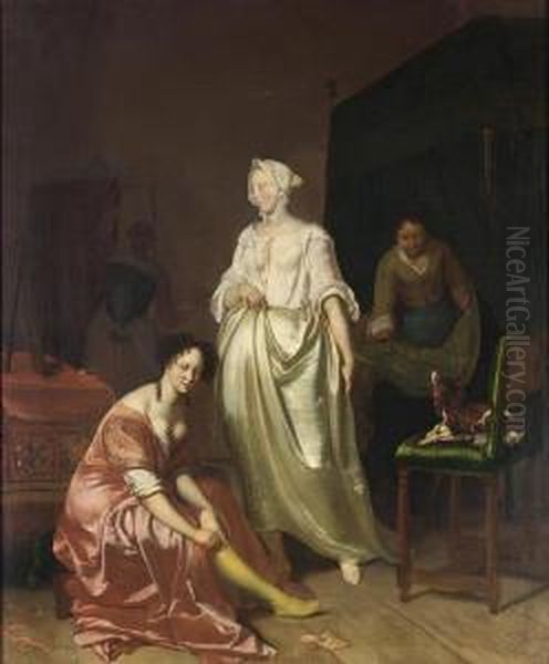 An Interior With Two Elegant Ladies Making Their Toilet 

 Together With A Maid Making The Bed And A Dog On A Chair Oil Painting by Jacob Ochtervelt