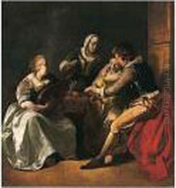 An Interior With A Couple Seated
 At A Table, Another Lady Playing The Lute And A Man Standing Behind Oil Painting by Jacob Ochtervelt