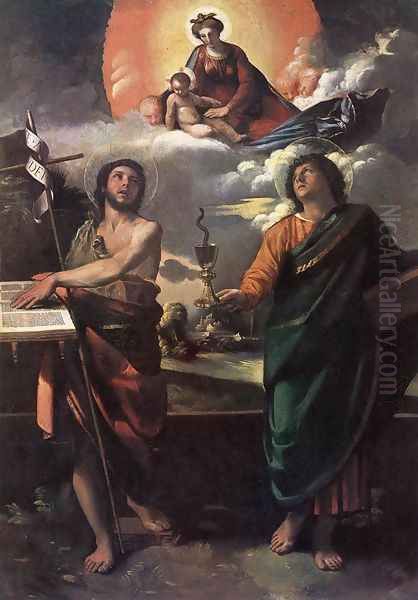 The Virgin Appearing to Sts John the Baptist and John the Evangelist 1520s Oil Painting by Dosso Dossi