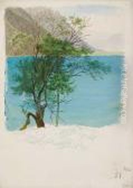 An Alpine Landscape With A Lake Oil Painting by Ernst Ferdinand Oehme