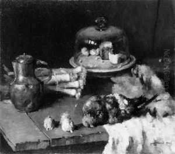 Kuchenstilleben. Auf Einem Tisch Eine Taube, Porree Und Eine Kaseglocke. Oil Painting by Georg Egmont Oehme