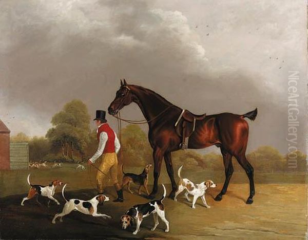 A Huntsman Leading A Bay Hunter, With Hounds Outside Kennels Oil Painting by Edwin, Beccles Of Cooper