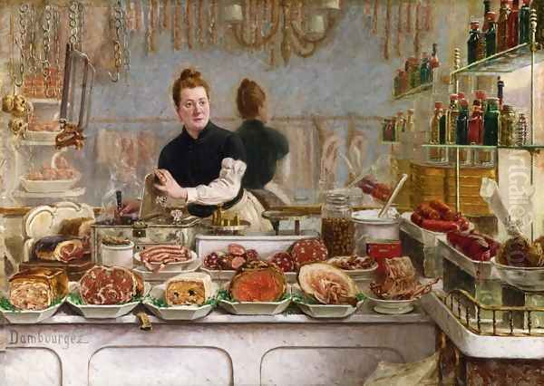 A Pork Butcher's Shop Oil Painting by Edouard-Jean Dambourgez