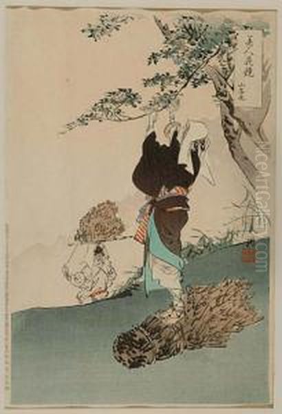 Mloda Dama Przywiazujaca Kartke Z
 Wierszami Do Galezi Kwitnacej Wisni, 1898, Z Serii Widoki Japonskich 
Ogrodow, Wydawca Matsuki Heikichi Oil Painting by Ogata Gekko