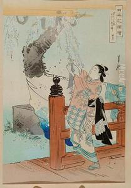 Dziewczyna Zrywajaca Kwiaty 
Kamelii, 1900, Z Serii Widoki Japonskich Ogrodow, Wydawca Matsuki 
Heikichi Oil Painting by Ogata Gekko