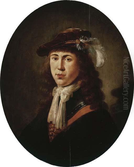 Portrait Of A Young Man, 
Bust-length, In Armour And A Black Coat, Ared Vest And A White Chemise, A
 Feathered Brown Velvet Cap Upon Hishead Oil Painting by Jan Olis