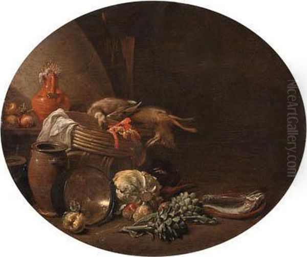 A Kitchen Interior With A Hare 
And A Mallard On A Table By A Basketwith Fish On A Terracotta Plate, 
Apples, Artichokes And Othervegetables Oil Painting by Jan Olis