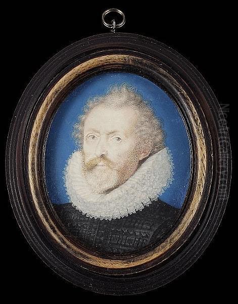 A Gentleman, With Fair Hair And 
Beard, Wearing Black Slashed Doublet And White Ruff, Blue Background 
With Gold Border Oil Painting by Isaac Oliver