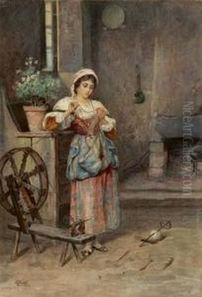 A) Contadina In Un Interno
B) Ragazza Sullo Sfondo Di Tivoli Oil Painting by Luigi Olivetti