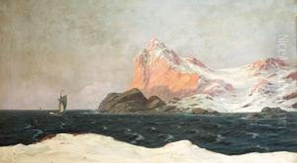 Landscape With Snow-covered 
Mountains And Ships On The Sea. Signed Alfred Olsen Oil On Canvas. 74 X 
126 Cm Oil Painting by Alfred Theodor Olsen