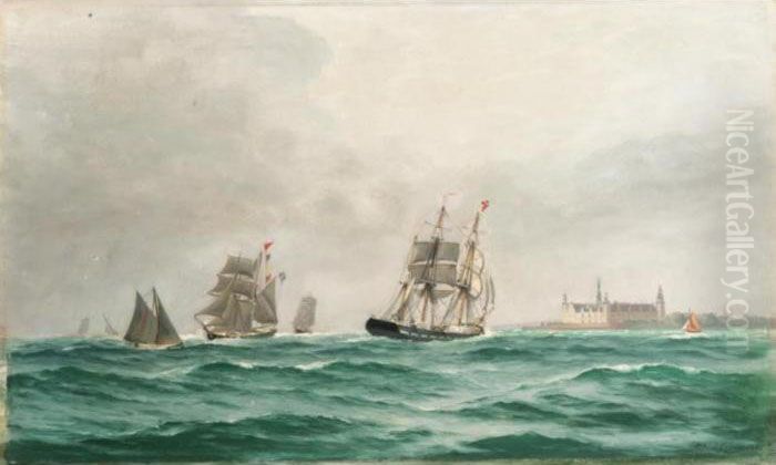 Danish Ships Sailing Near Kronberg Castle Oil Painting by Alfred Theodor Olsen