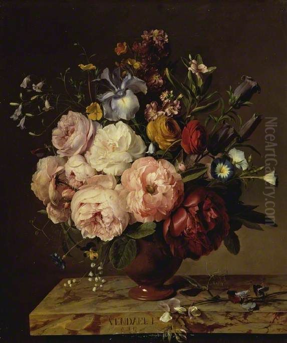 A Vase of Flowers on a Ledge Oil Painting by Jan Frans Van Dael