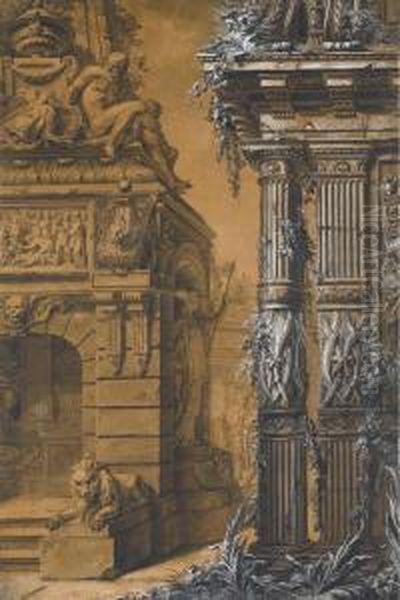 The Entrance To A Sepulchre With
 A Columned Building In The Right,two Figures In A Courtyard In The 
Background Oil Painting by Gilles-Marie Oppenord