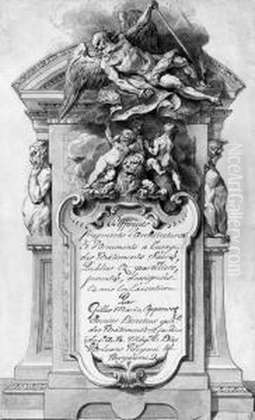 Design For A Frontispiece With 
An Allegory Of Time Flying Overthree Putti Playing With A Lion
Inscribed 'differents Fragments D'architectures Et D'ornements Al'usage 
Des Btiments Sacrs, Public Et Particuliers, Inventes,designes- Et Mis En
 Execution Oil Painting by Gilles-Marie Oppenord