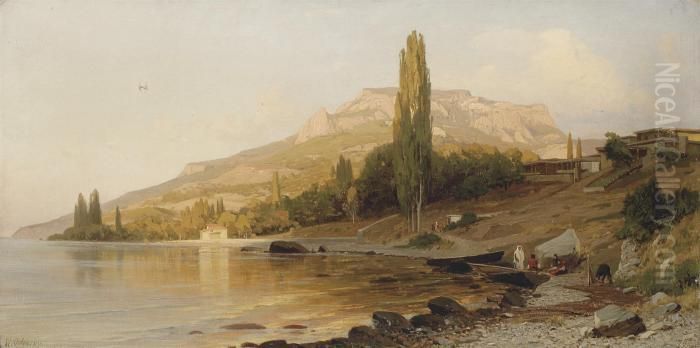 Mending The Nets By The Crimean Coast Oil Painting by Vladimir Donatovich Orlovskii